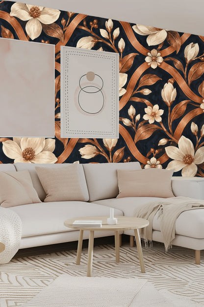 Pattern detail showing flowing copper ribbons interlaced with magnolia buds and flowers