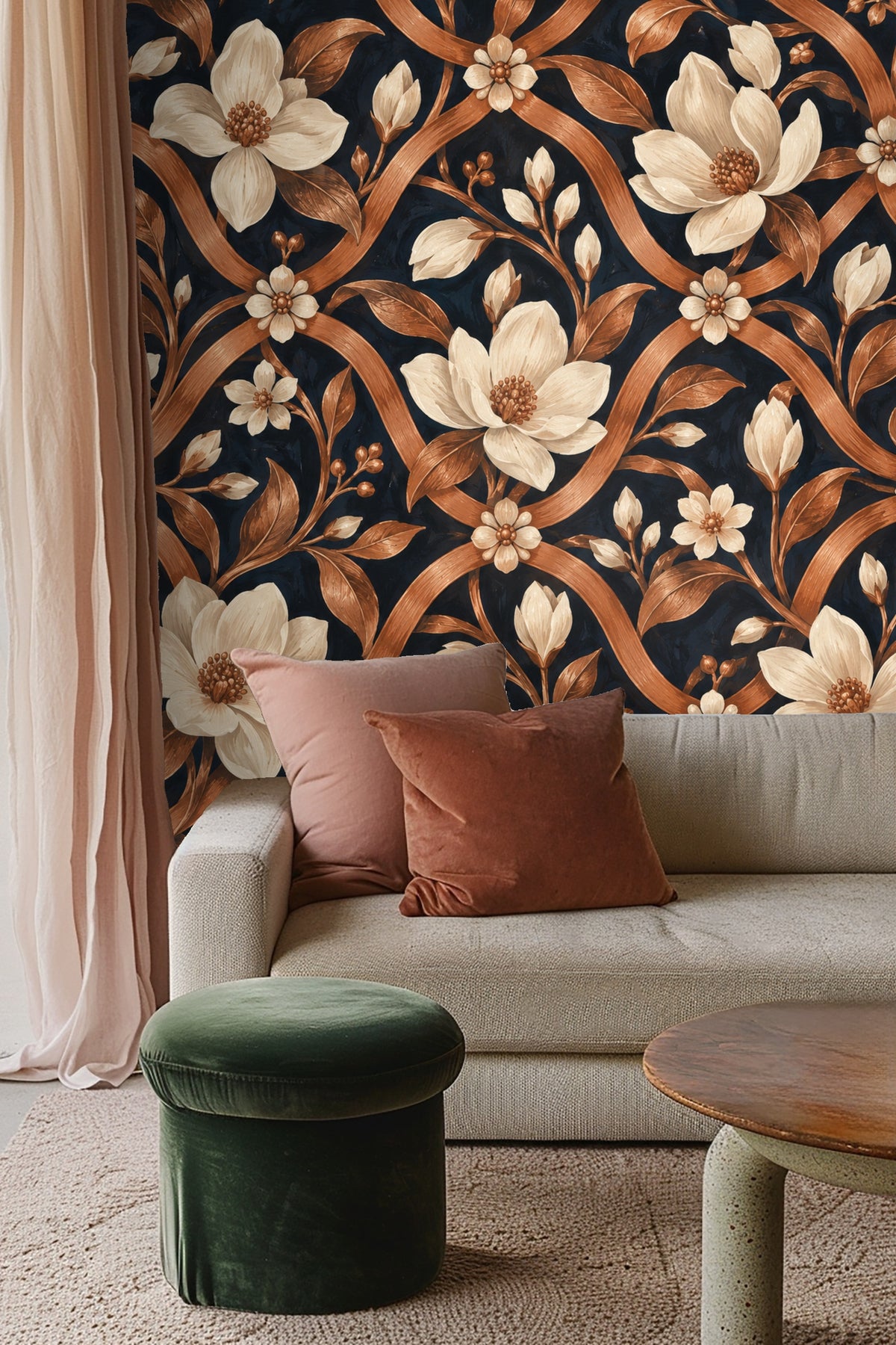 Bedroom with headboard against wall covered in copper trellis and magnolia blossom wallpaper