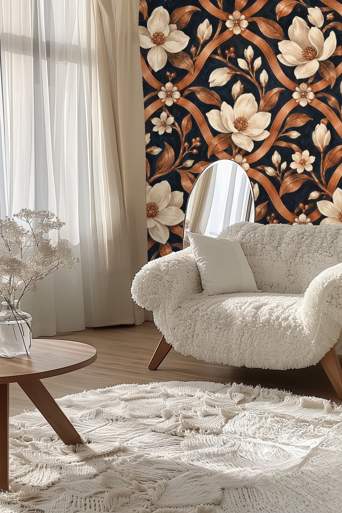 Magnolia blossoms clustered around copper lattice intersections