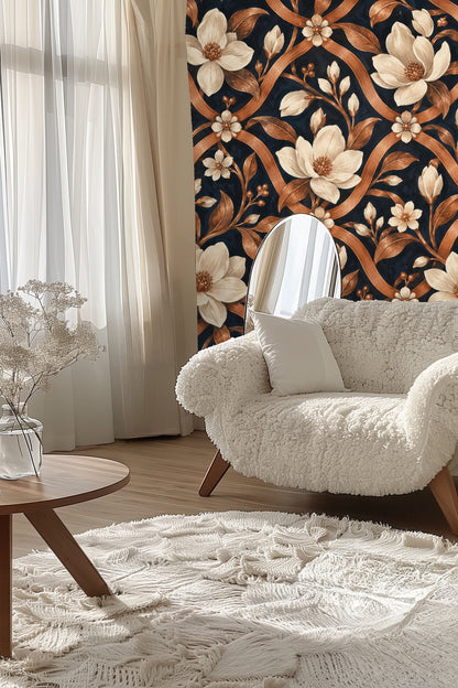 Magnolia blossoms clustered around copper lattice intersections