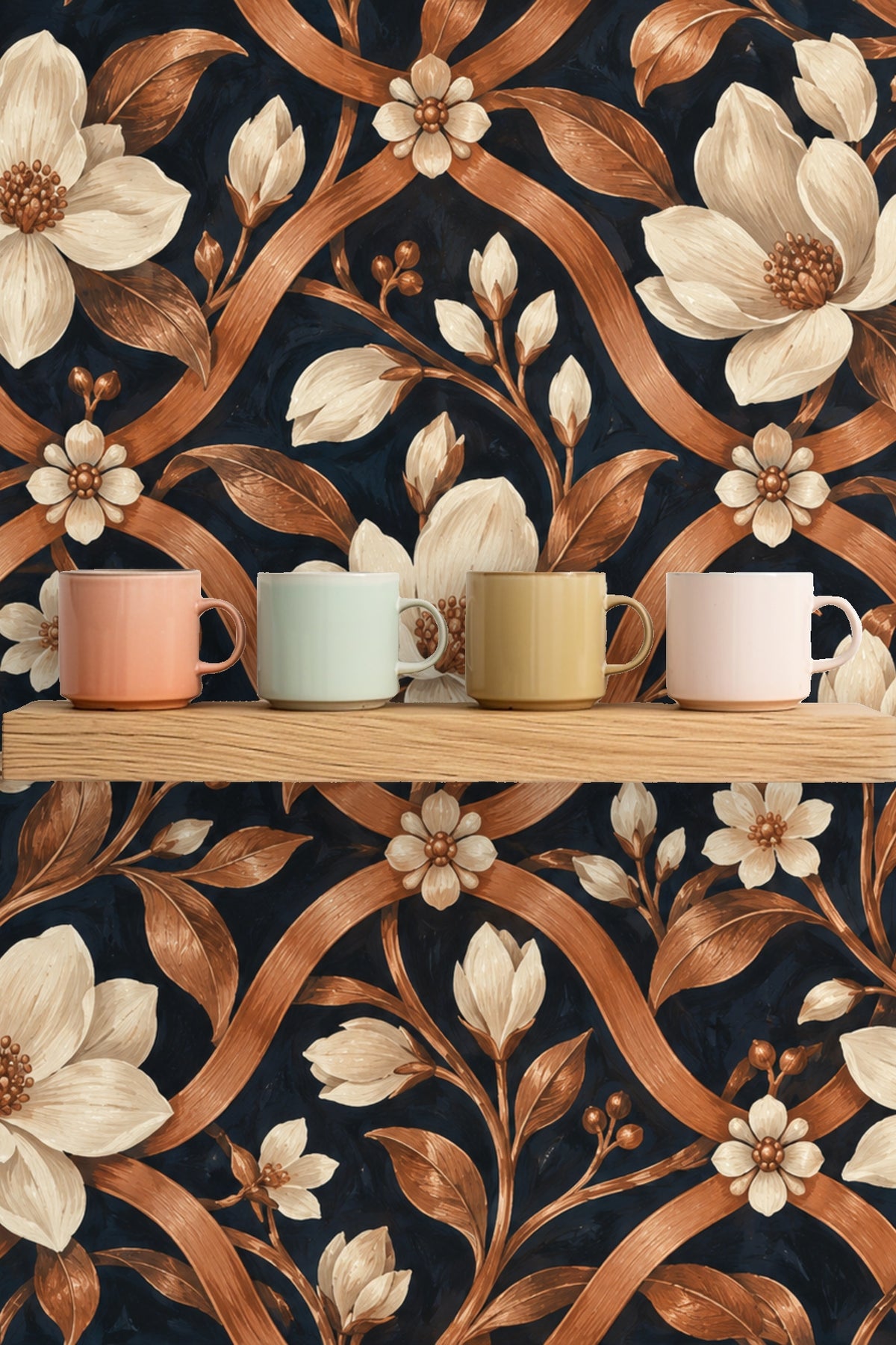 Copper trellis wallpaper featuring magnolia flowers and leaves on dark blue background
