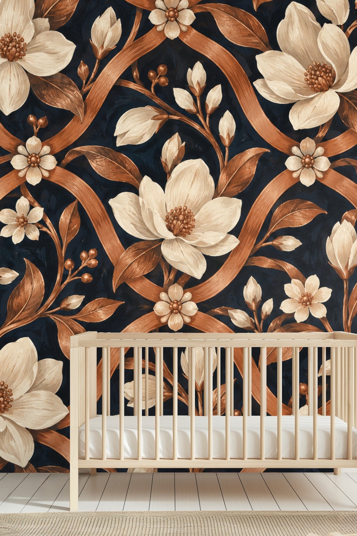Living room with sofa and pillows in front of wall covered in copper floral trellis wallpaper