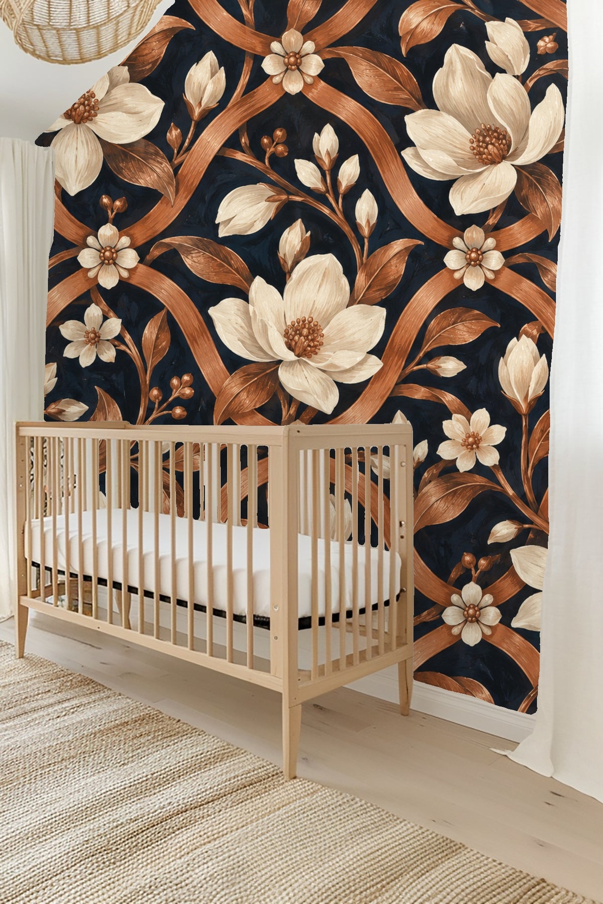 Copper floral trellis wallpaper viewed straight-on with natural light