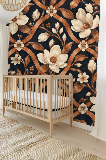 Copper floral trellis wallpaper viewed straight-on with natural light