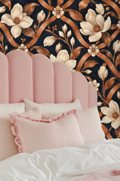 Close-up of cream magnolia flowers and copper leaves in ornamental trellis pattern