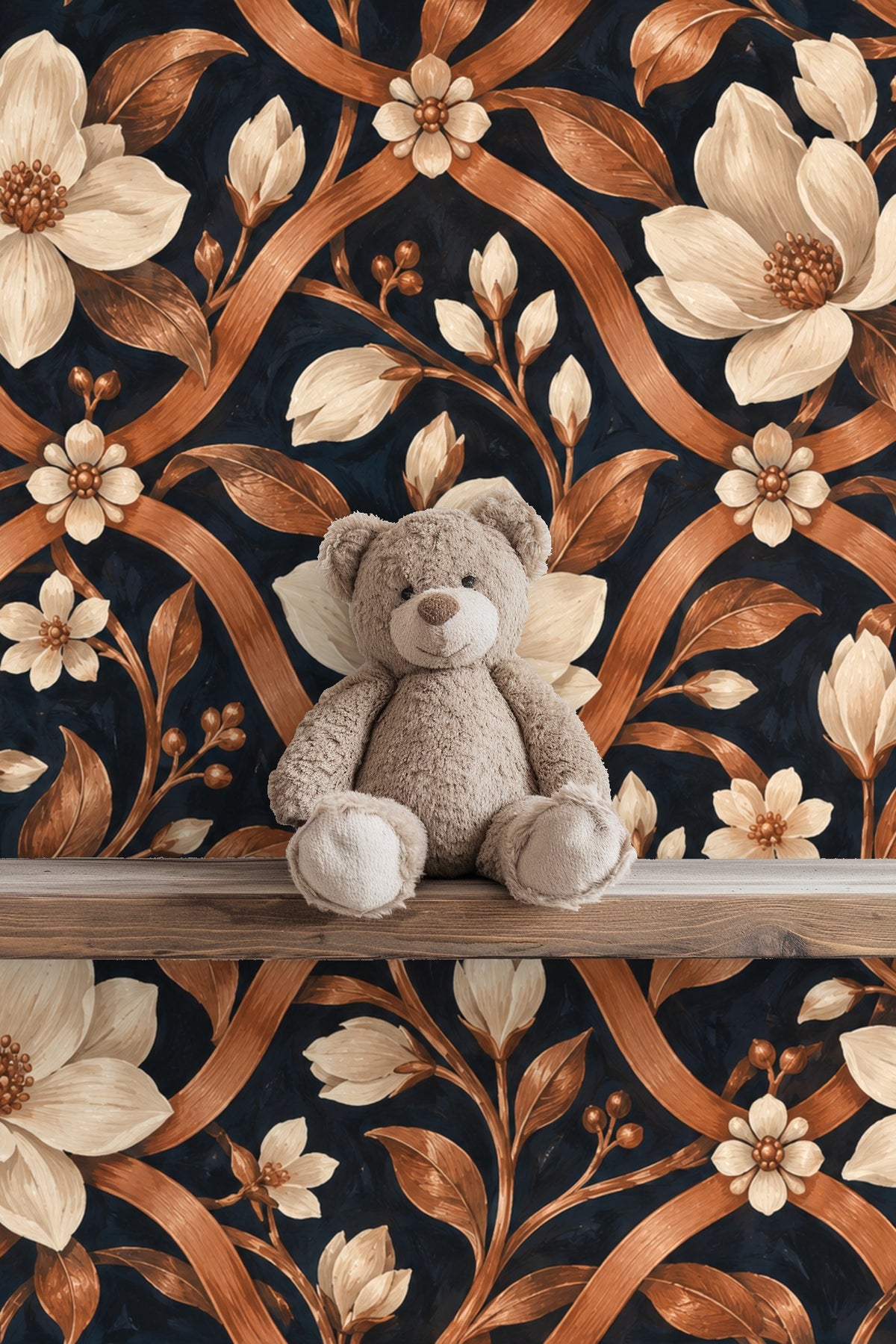 Wallpaper with organic trellis vines and botanical floral motifs in warm copper tones