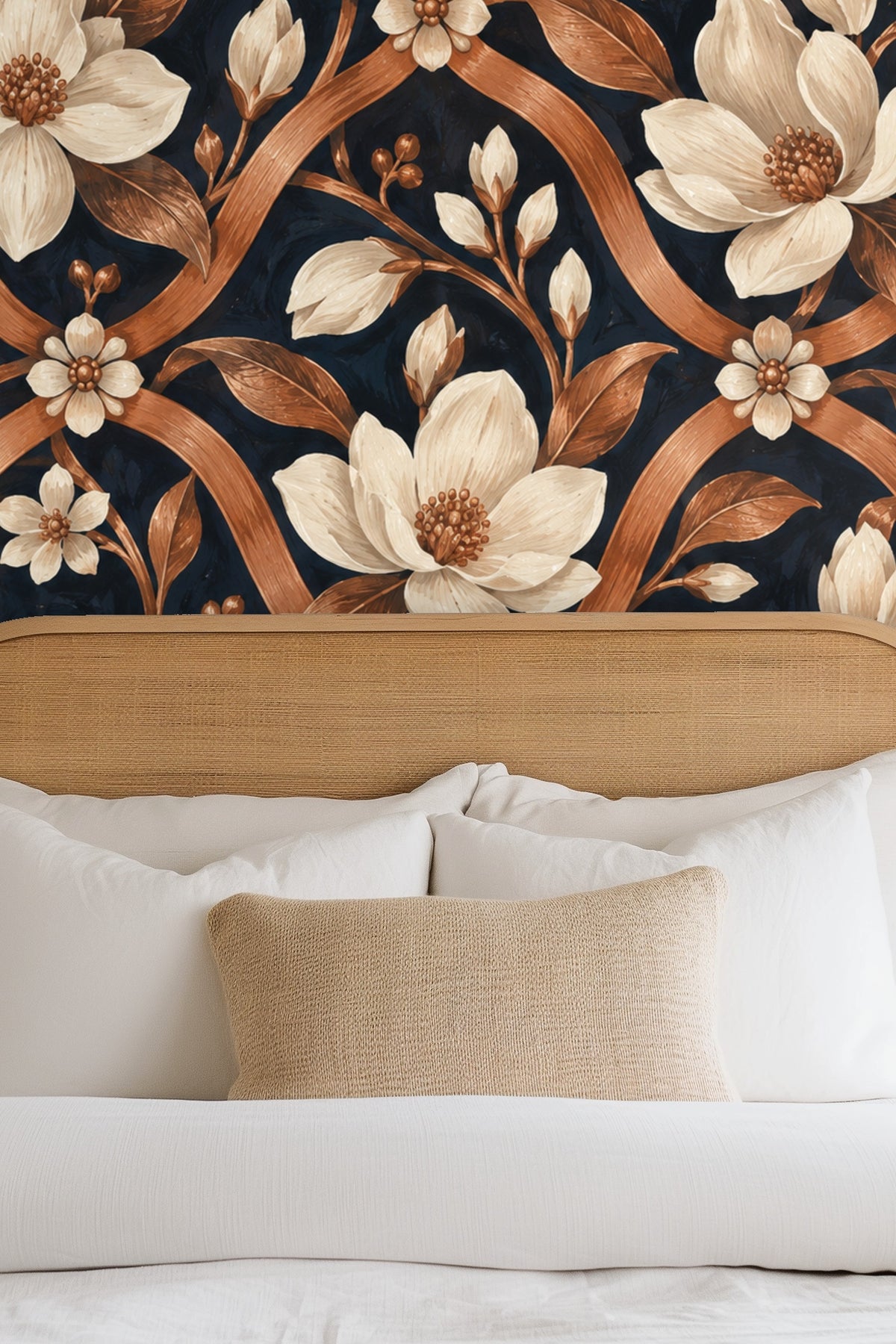 Copper trellis wallpaper with cream magnolia blossoms on navy background, close-up detail