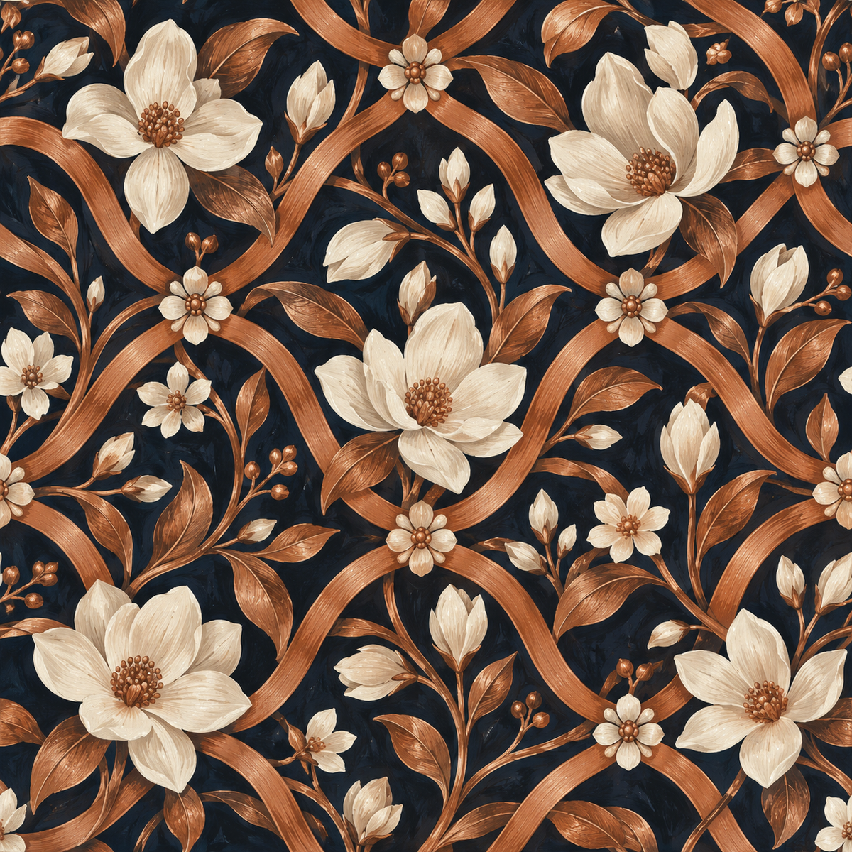 Decorative trellis wallpaper in copper and cream hues on a navy canvas