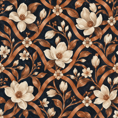 Decorative trellis wallpaper in copper and cream hues on a navy canvas