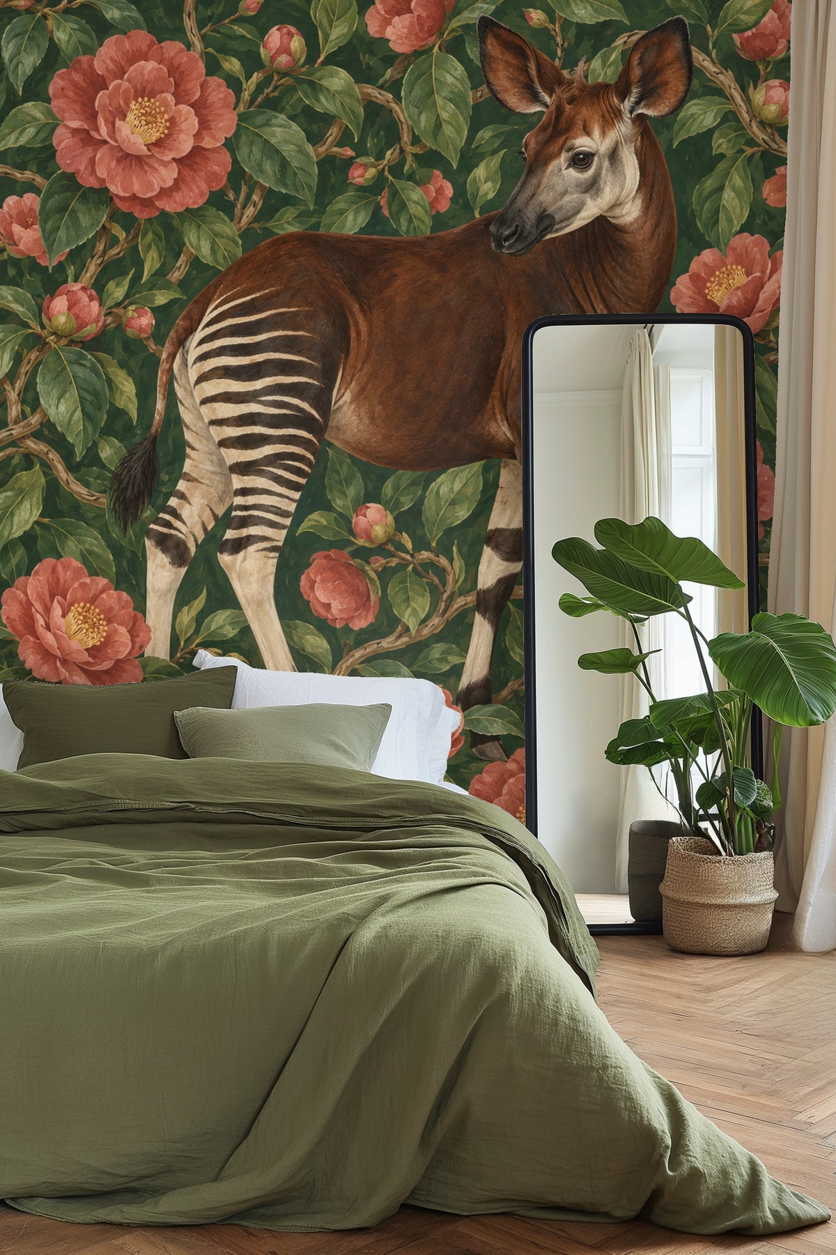 Modern chair beside wallpaper with okapi and lush floral pattern in moody room
