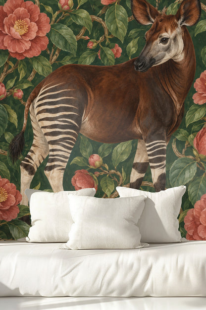 Floor-level view showing continuation of camellia branches around okapi legs