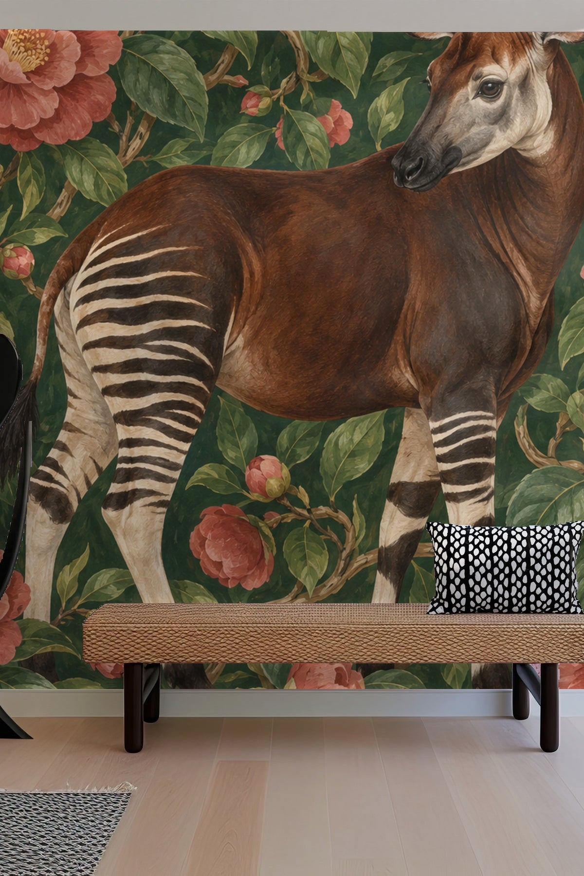 Detailed brushwork on okapi's coat and striped legs against leafy backdrop