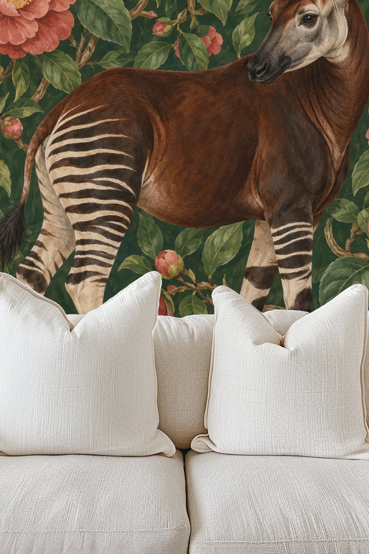 Minimalist chair set near wallpaper edge with wildlife motif