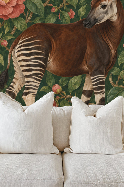 Minimalist chair set near wallpaper edge with wildlife motif