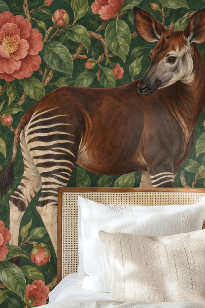 Close-up of detailed okapi standing amid blooming camellias on wallpaper