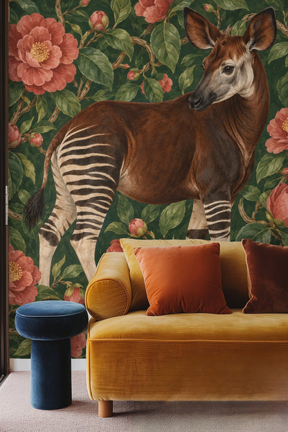 Cane bedhead with white bedding in front of okapi and floral wallpaper