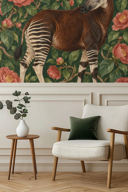 Large pink camellia blossom cluster with leaves on wallpaper