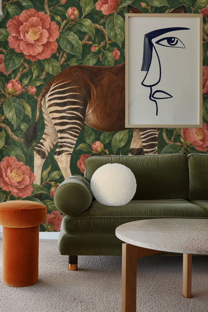Majestic okapi figure centrally placed among botanical elements