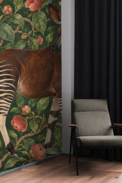 Bedroom view featuring wallpaper with okapi and pink camellia blooms behind cane headboard