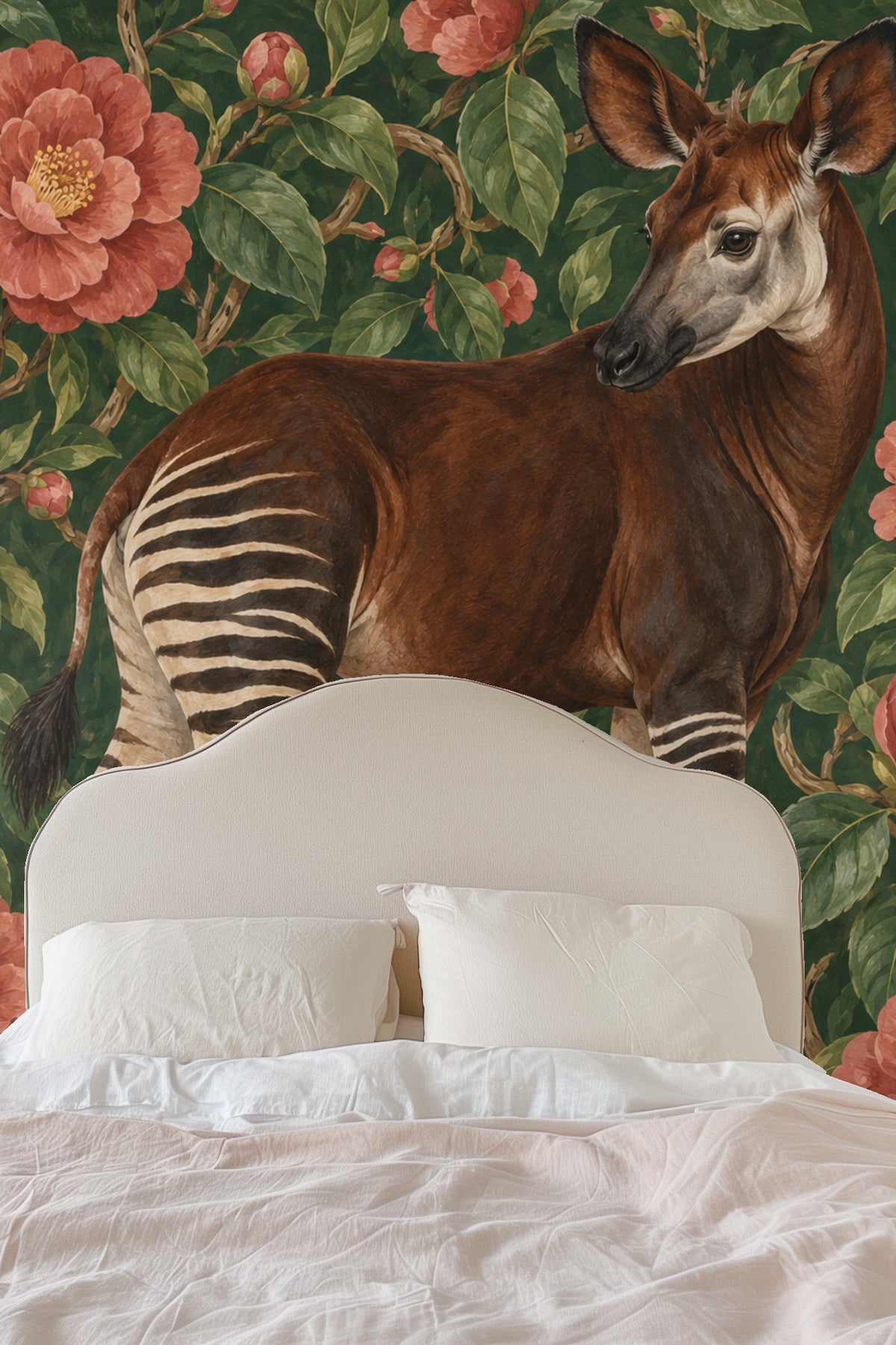 Wallpaper corner with okapi tail and camellia buds near floor molding