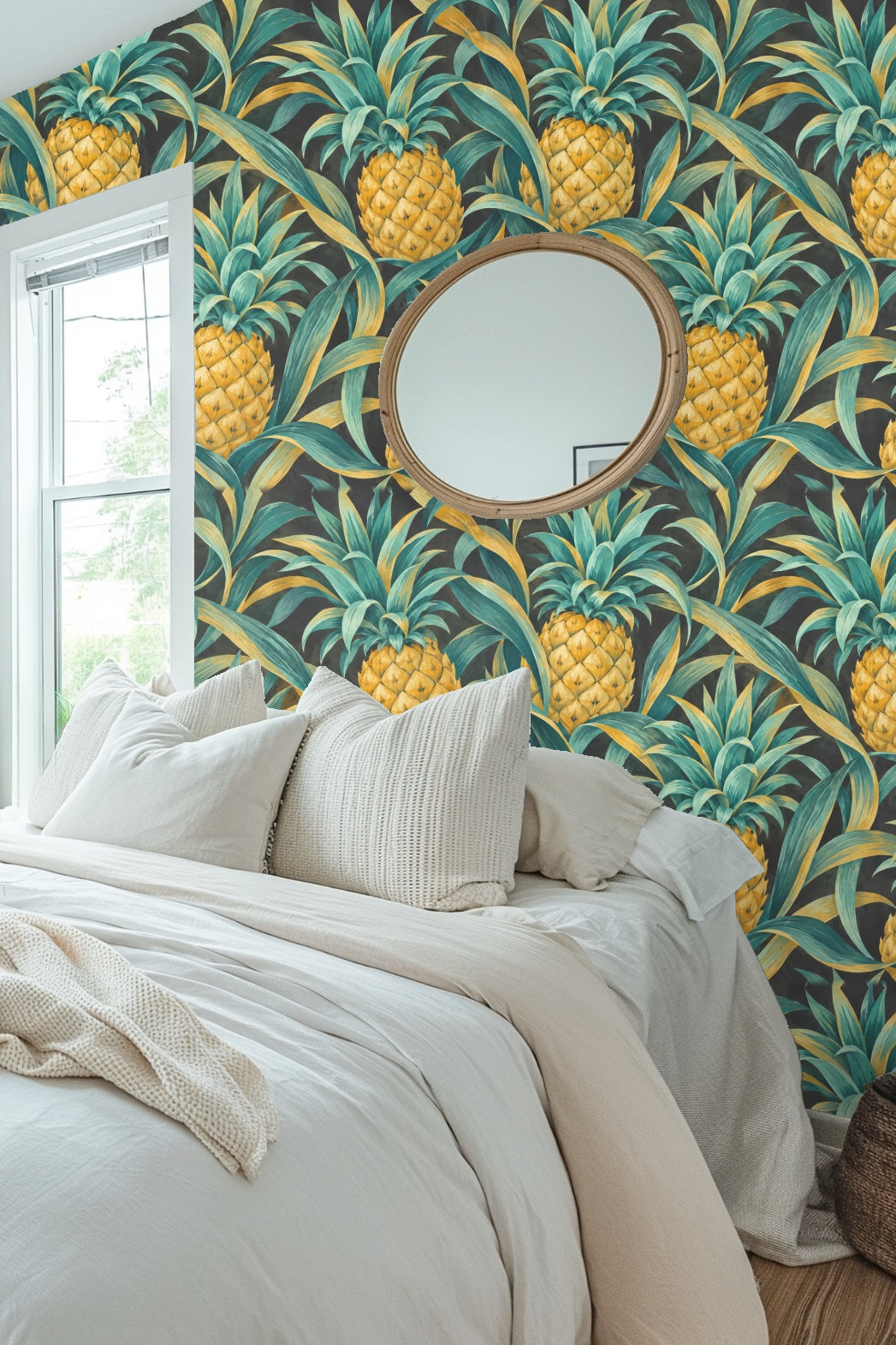 Wide shot of a cozy living room with wallpaper creating a lush tropical atmosphere.