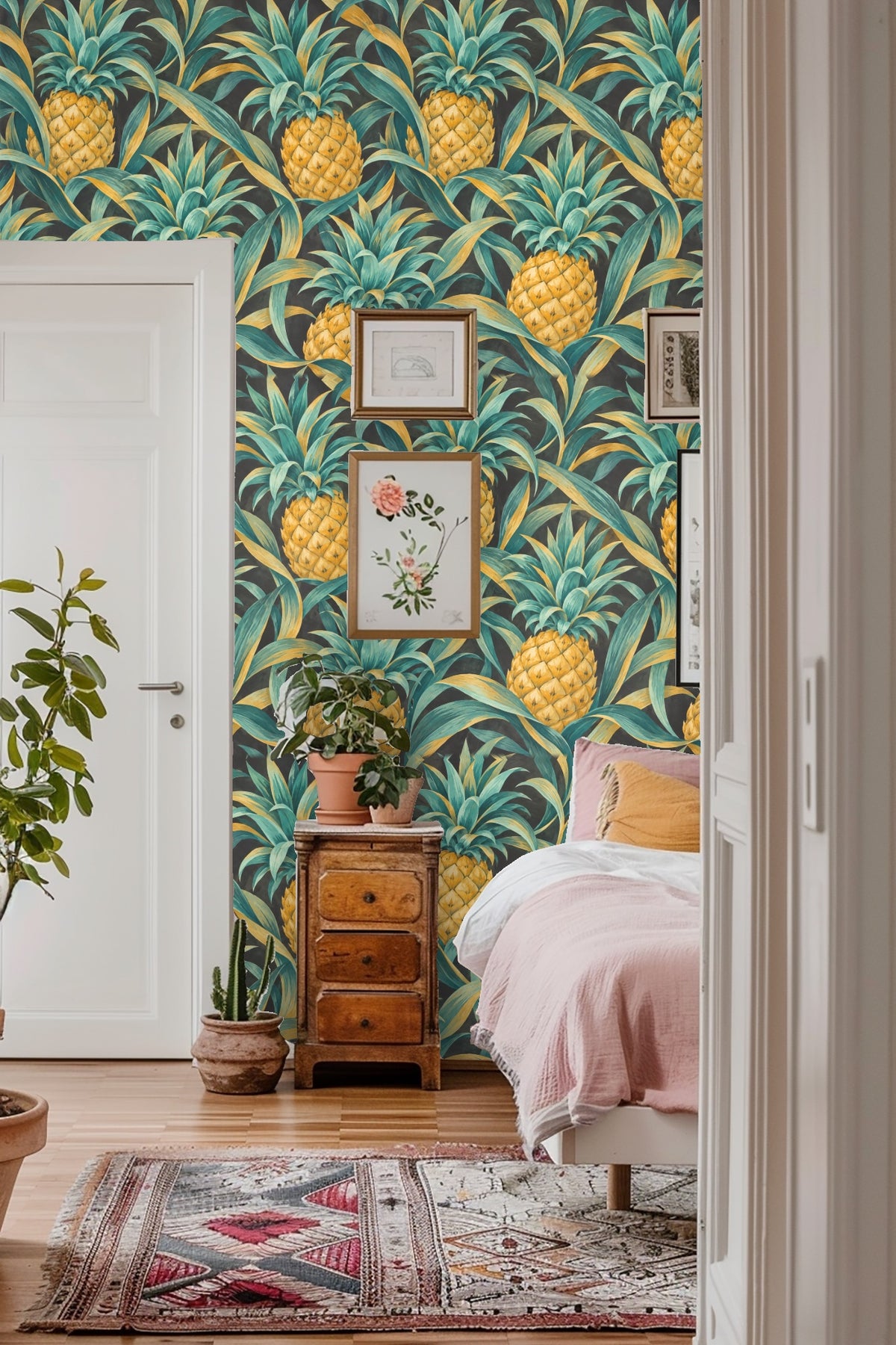 Wall installation of Pineapple Crown Rhythm wallpaper with orange and rust decor accents.