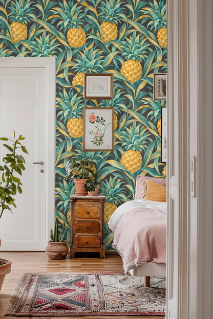 Wall installation of Pineapple Crown Rhythm wallpaper with orange and rust decor accents.