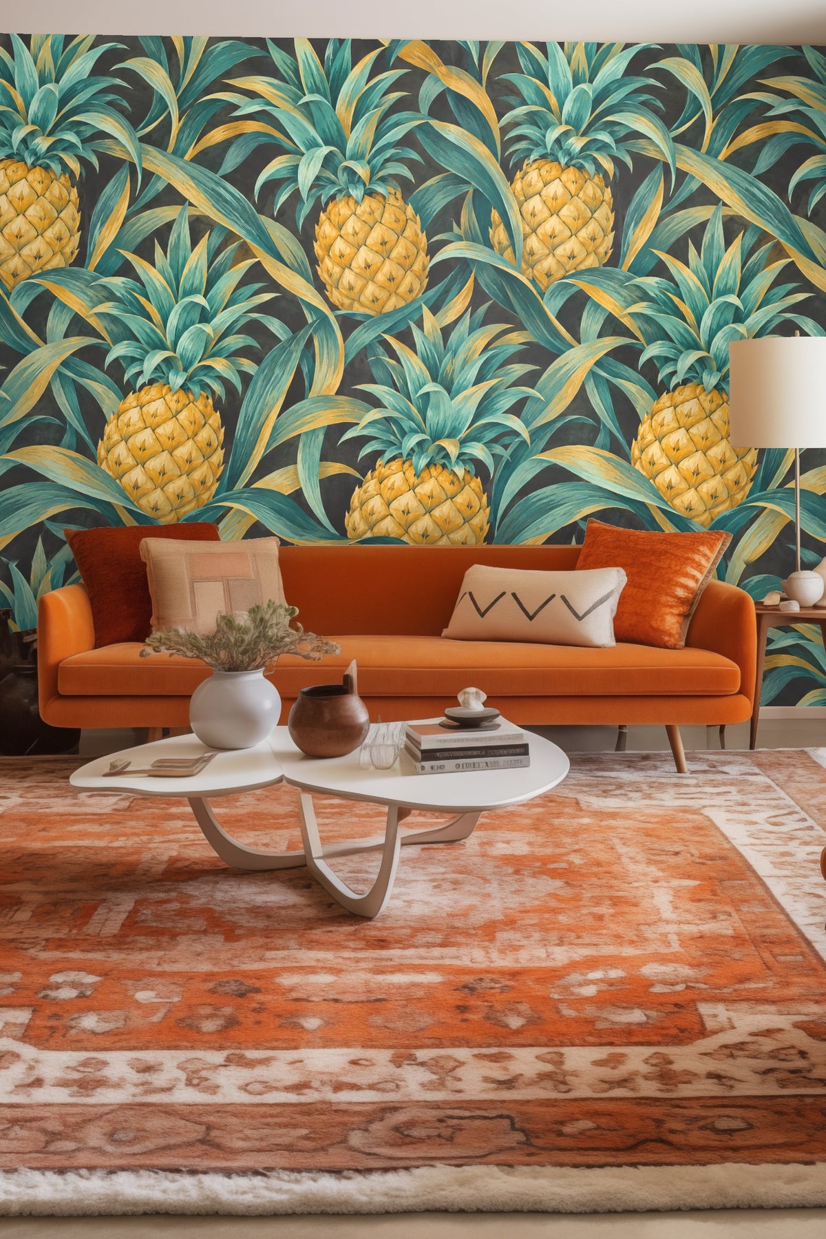 Close-up of Pineapple Crown Rhythm wallpaper showing golden pineapples and teal leaves on dark charcoal background.