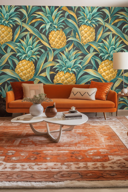 Close-up of Pineapple Crown Rhythm wallpaper showing golden pineapples and teal leaves on dark charcoal background.