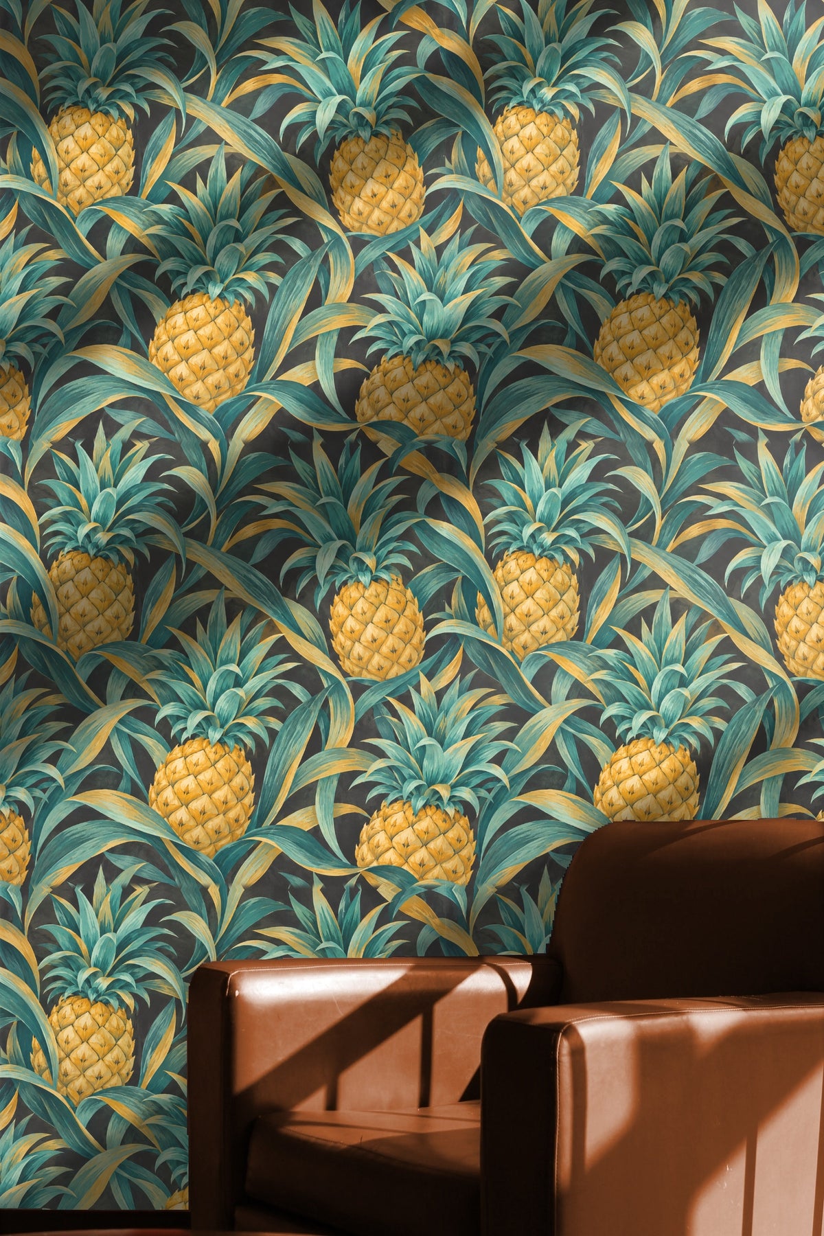 Muted charcoal background providing depth and focus to the botanical motif.
