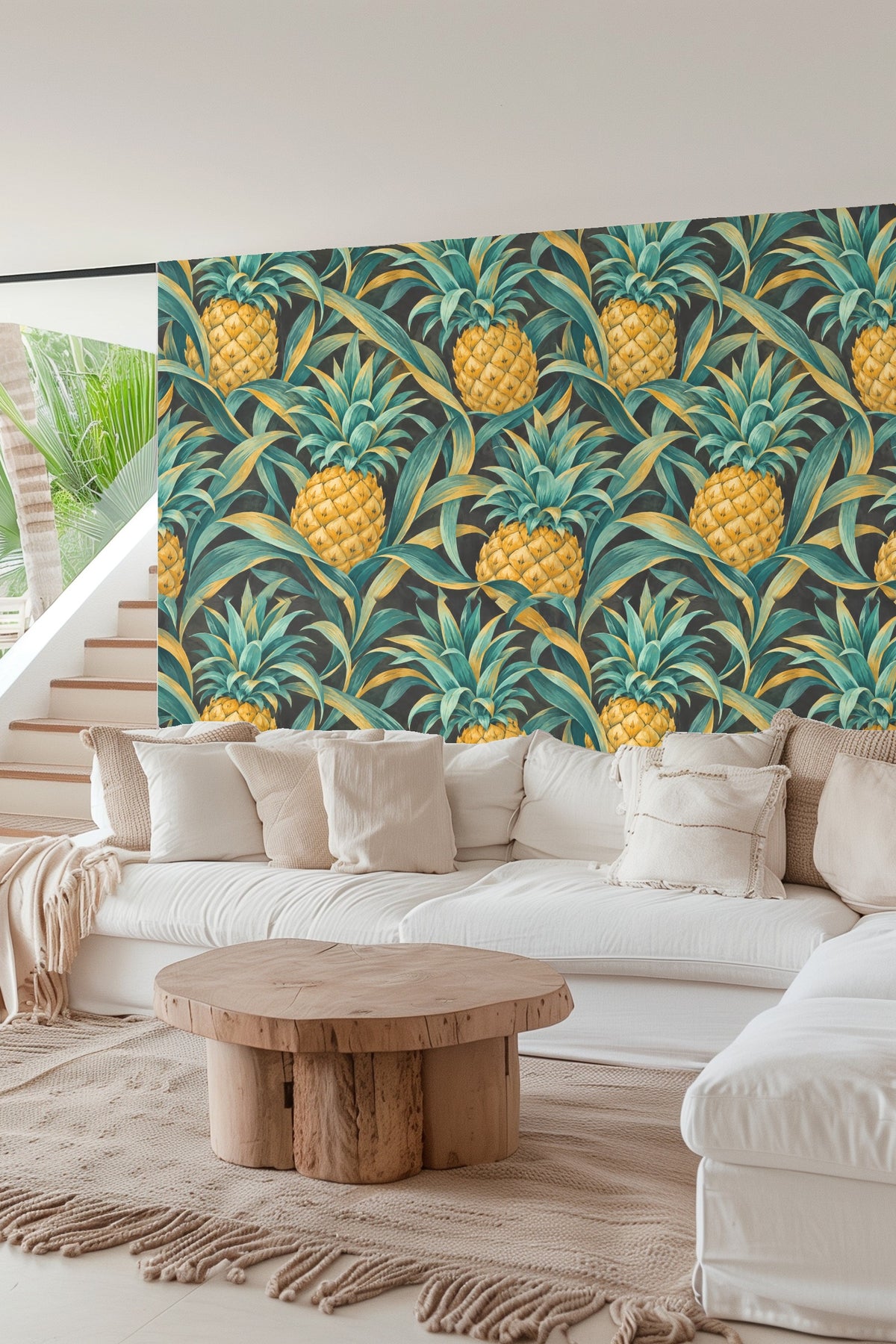 Bedroom with Pineapple Crown Rhythm wallpaper behind coral velvet headboard and matching pillows.
