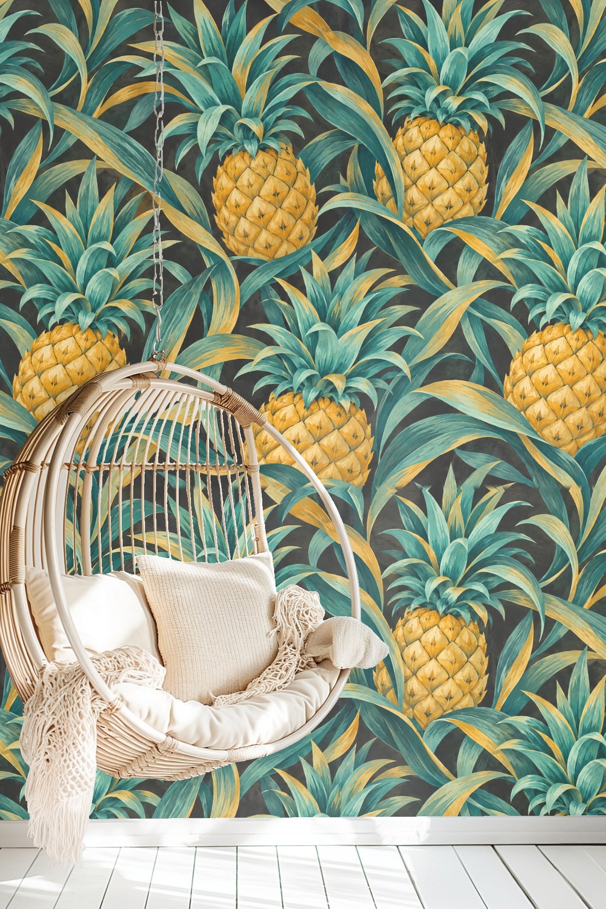 Textured brush strokes in teal and gold highlighting botanical pattern elements.