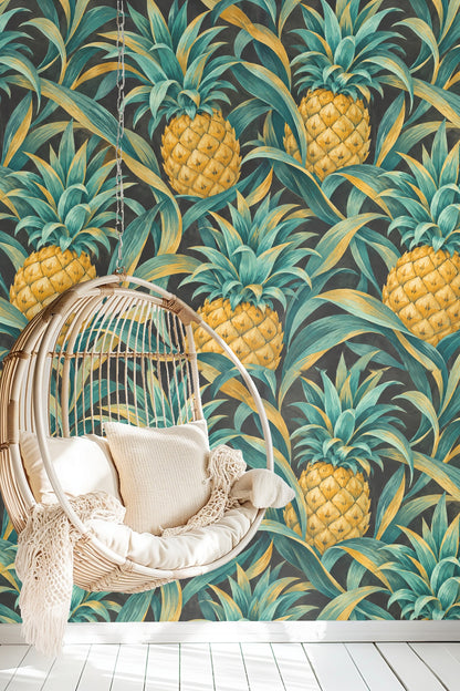 Textured brush strokes in teal and gold highlighting botanical pattern elements.