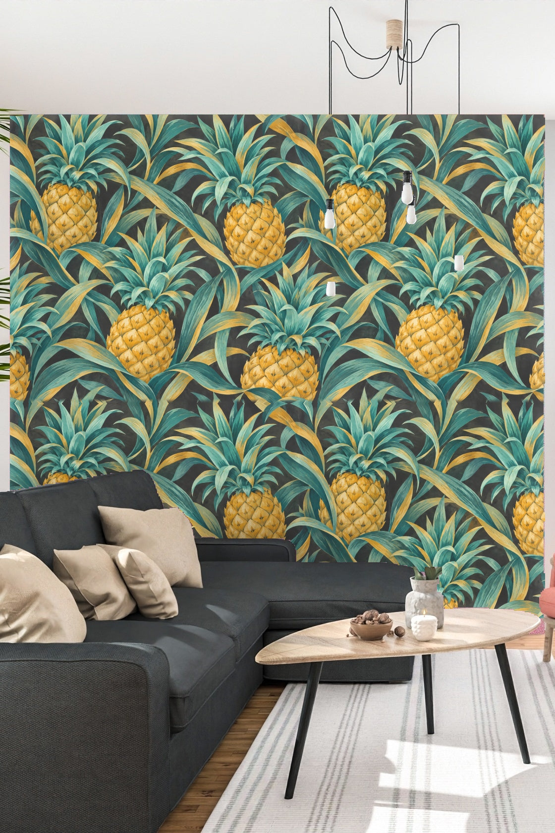Detail of pineapple leaves with teal and golden hues against charcoal background.