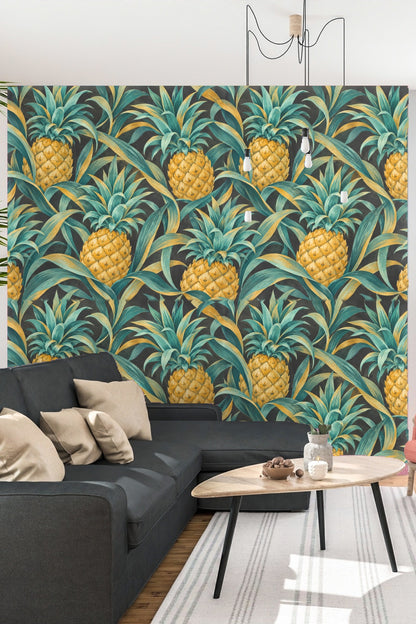 Detail of pineapple leaves with teal and golden hues against charcoal background.