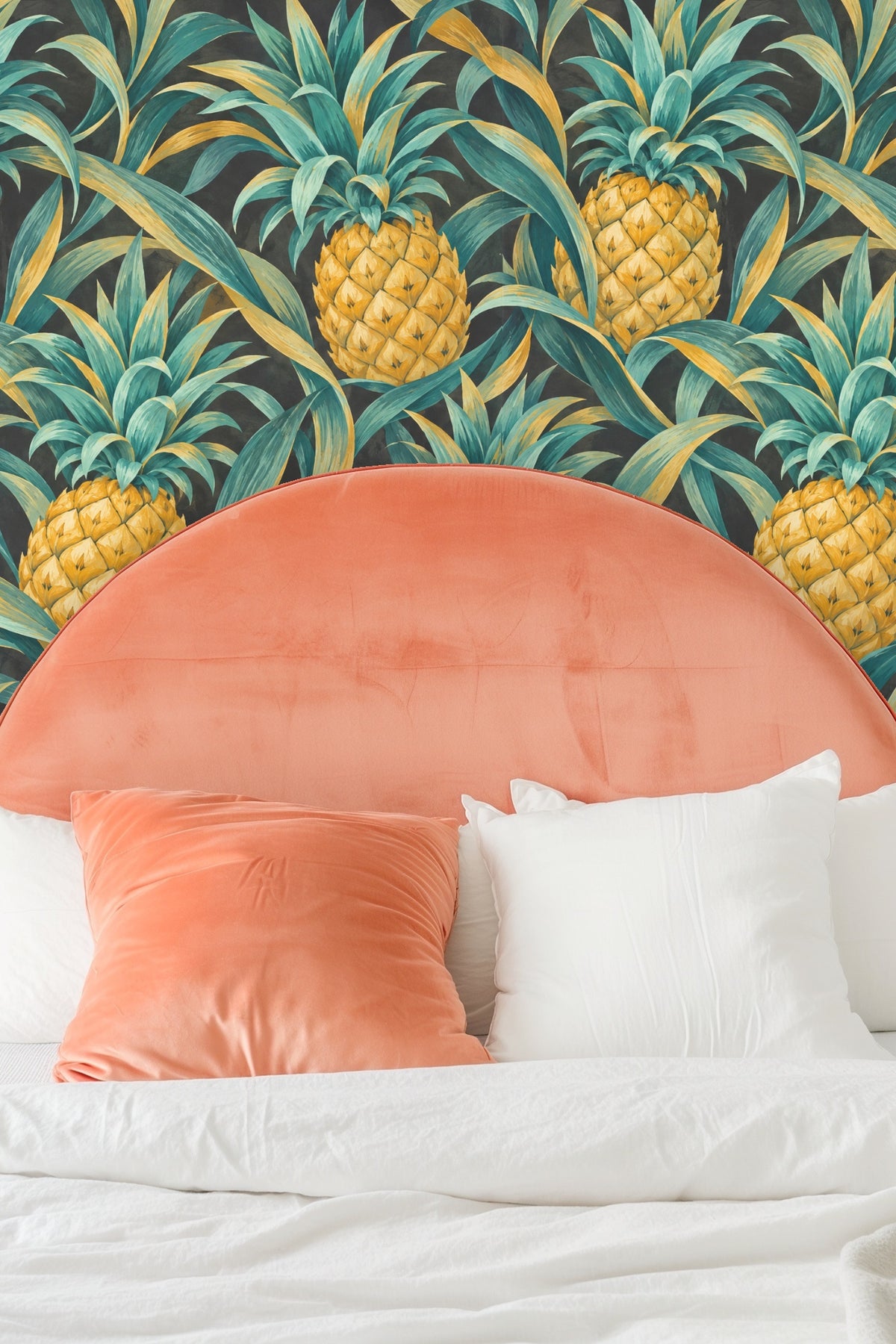 Living room featuring Pineapple Crown Rhythm wallpaper behind an orange sofa and white coffee table.