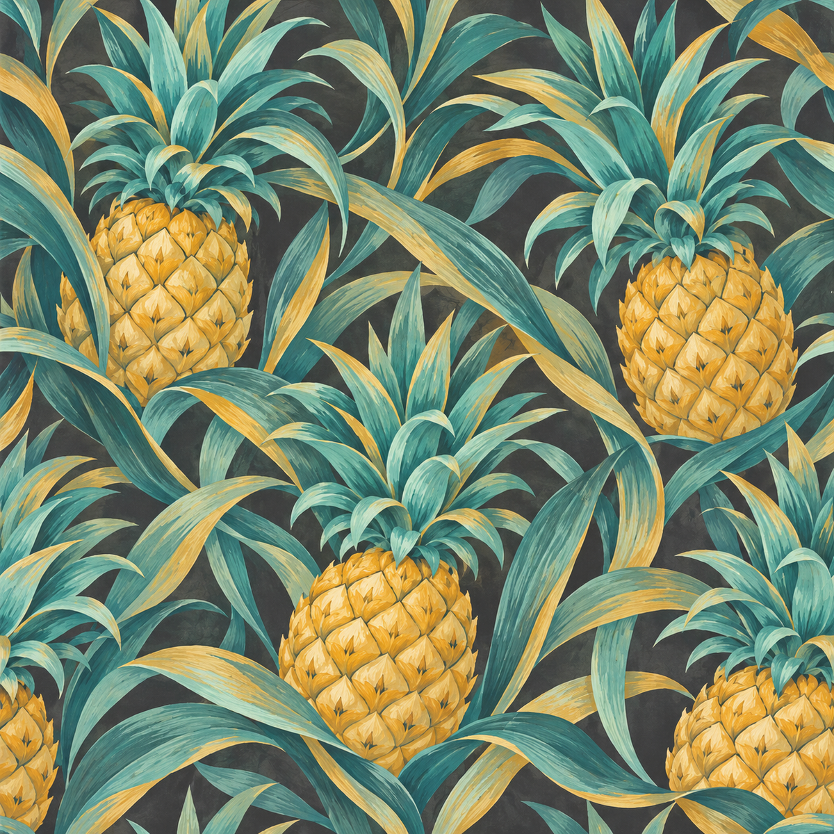 Decorative composition highlighting rhythm and repetition of pineapple crowns and leaves.