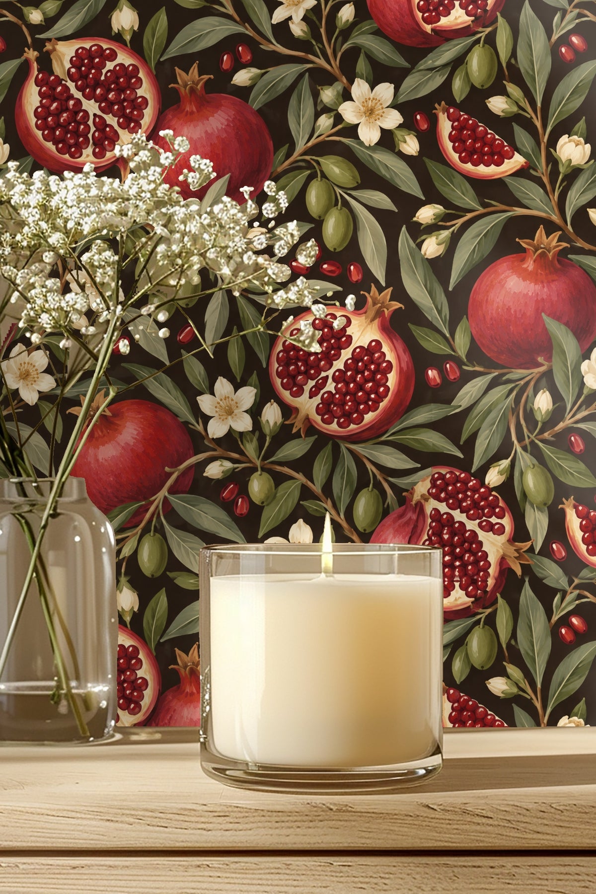 Close-up view of Pomegranate Night wallpaper pattern showing red pomegranates, olive leaves, and white flowers on dark background