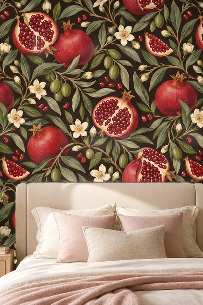 Fragment of wallpaper showing scattered pomegranate seeds on a black background
