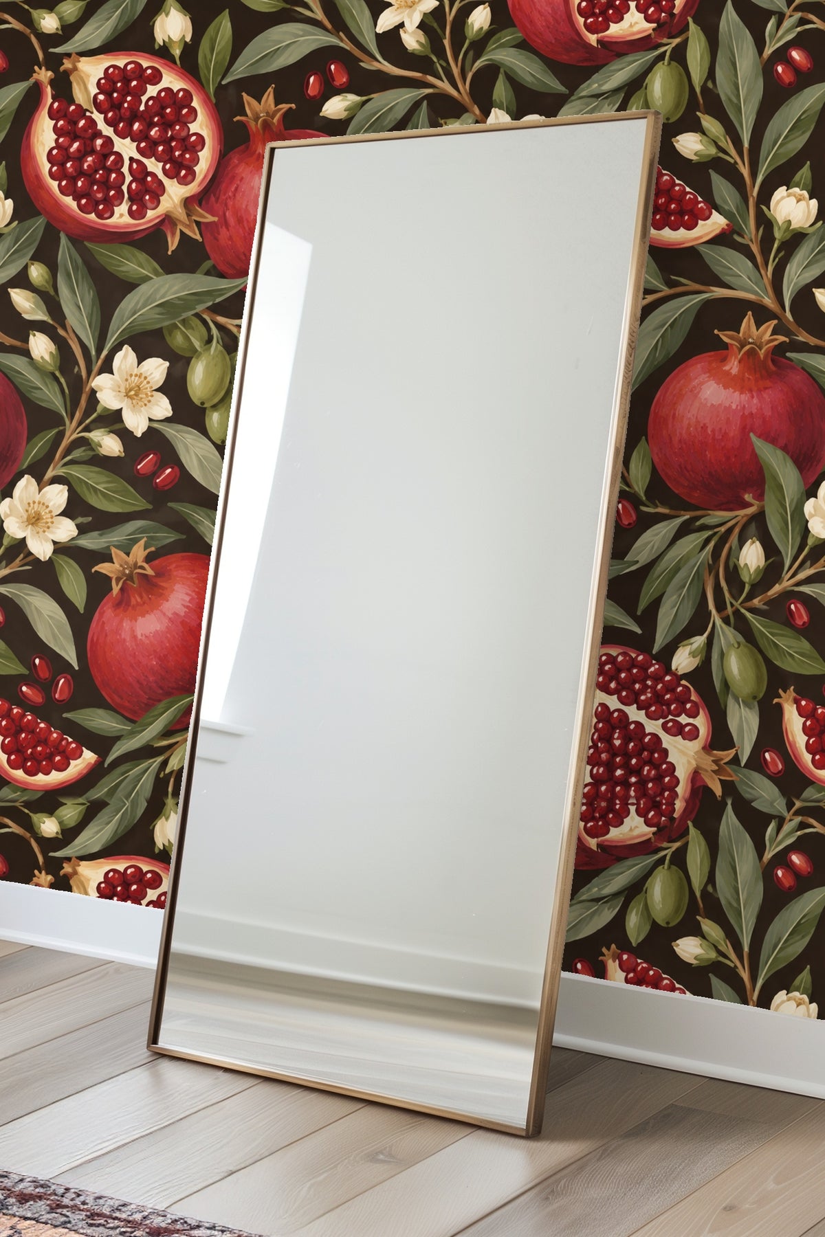 Section of wallpaper with clusters of pomegranate seeds and glossy dark leaves