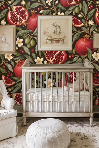 Bedroom setting showing mustard yellow velvet headboard against Pomegranate Night wallpaper with red pomegranates and olive branches
