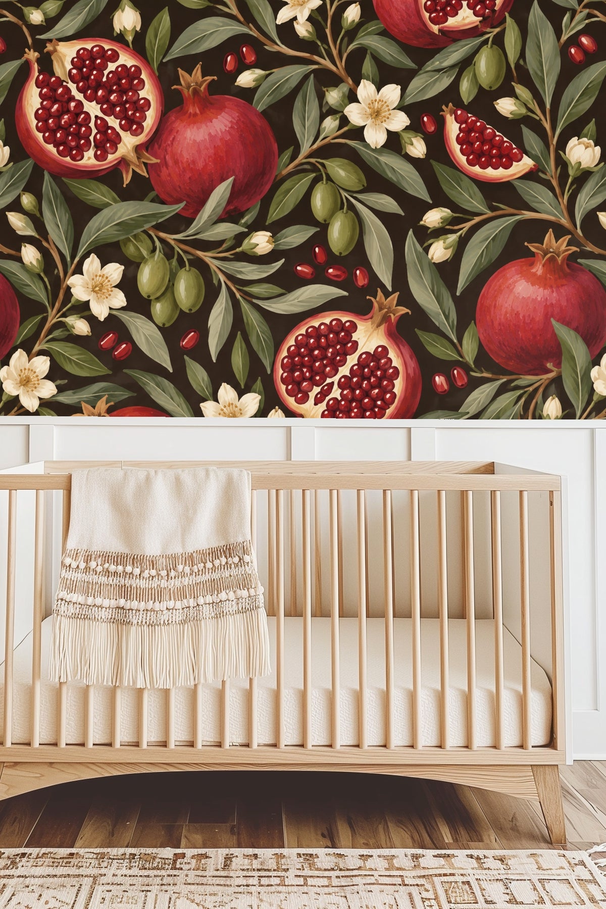 Detailed view of white flowers and olive fruits on the wallpaper design