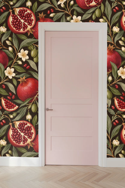 Living space corner with Pomegranate Night wallpaper adding dramatic color depth
