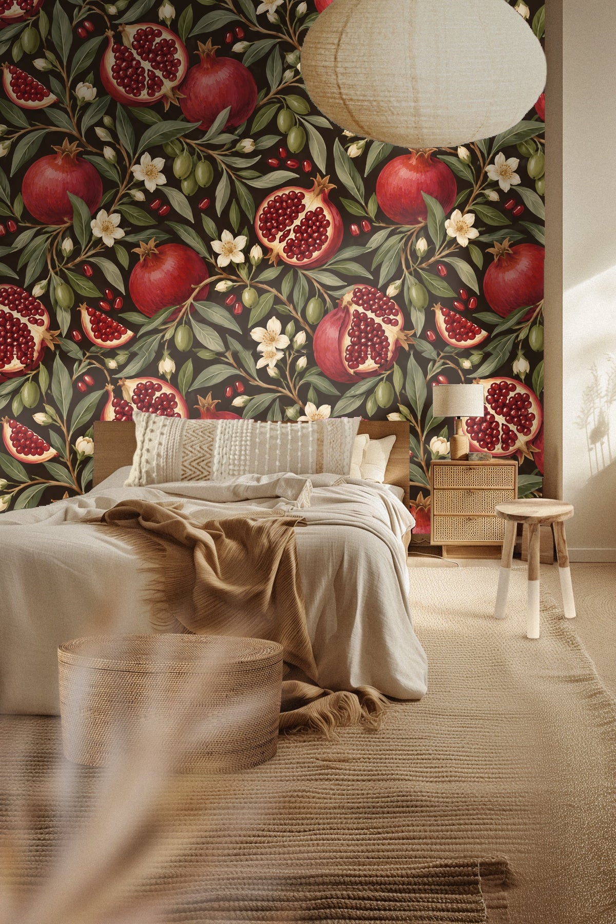 Artistic depiction of fruit and botanicals in Pomegranate Night wallpaper