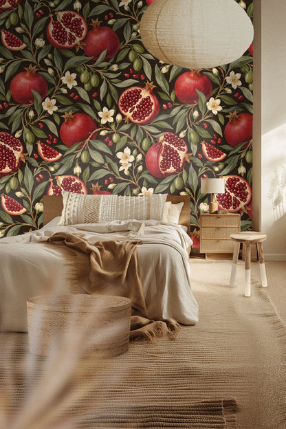 Artistic depiction of fruit and botanicals in Pomegranate Night wallpaper