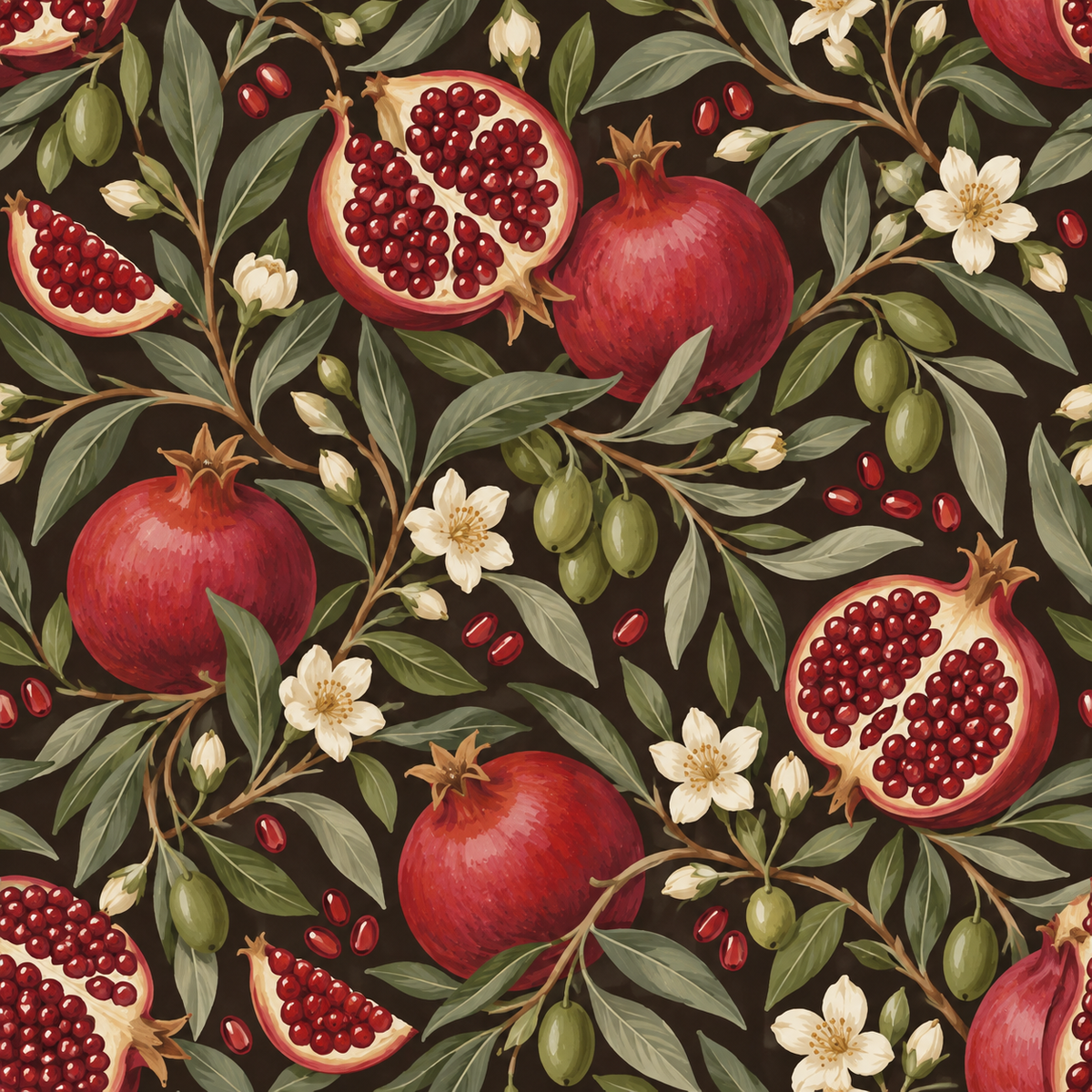 Close-up of olive leaves and seed clusters in the wallpaper artwork