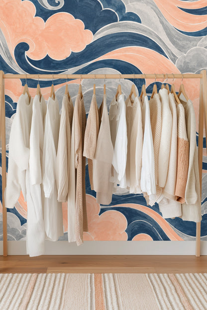 Overall wallpaper panel with harmonious peach and blue swirls