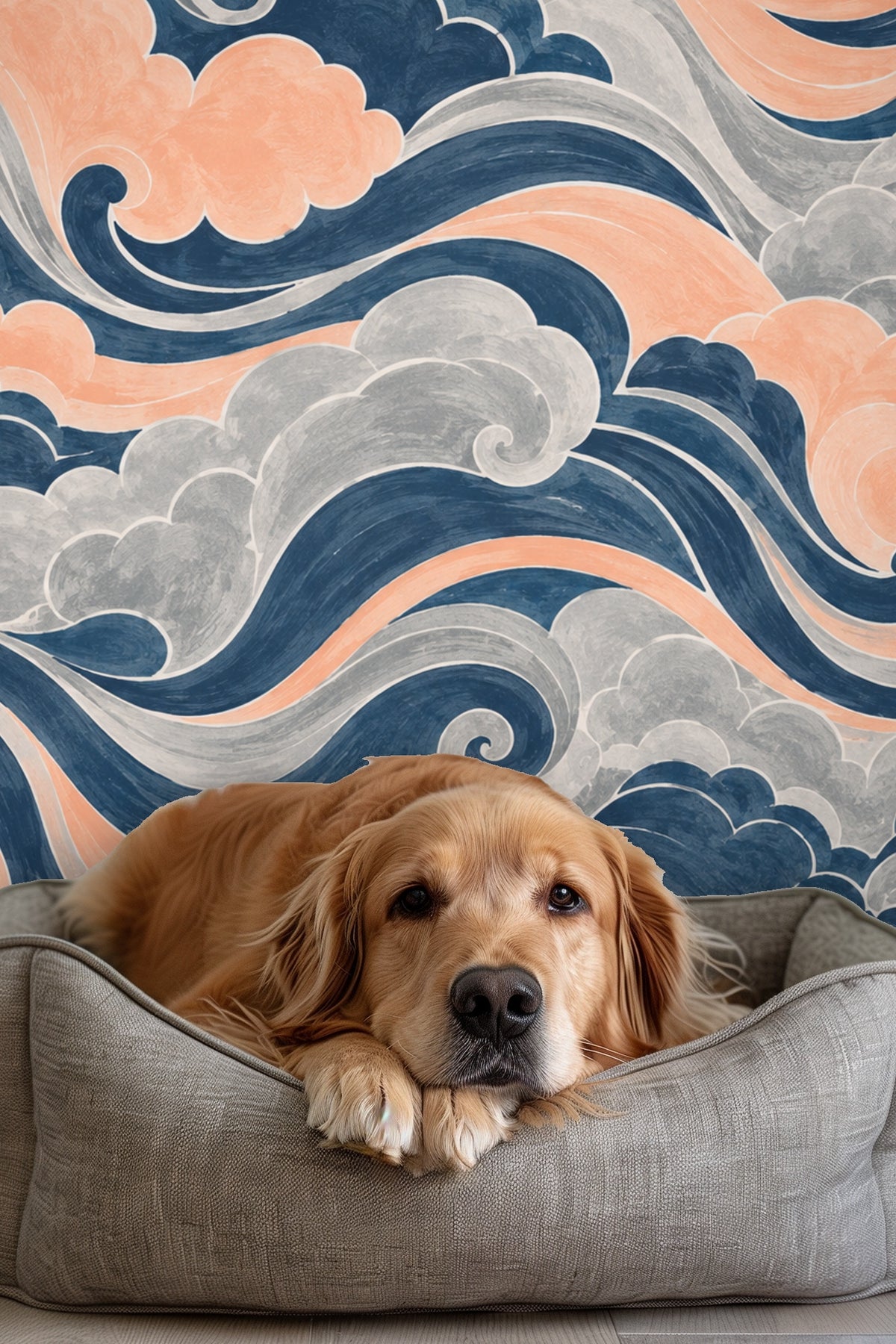Swirling marbled wallpaper in peach, deep blue, and gray tones