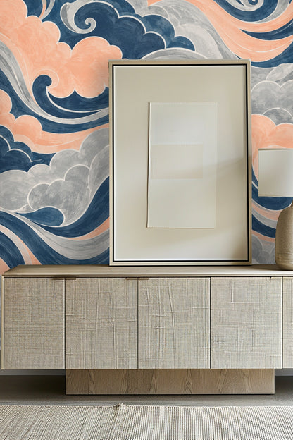 Close-up of bathroom towel ring on Cloudwave Marbling wallpaper