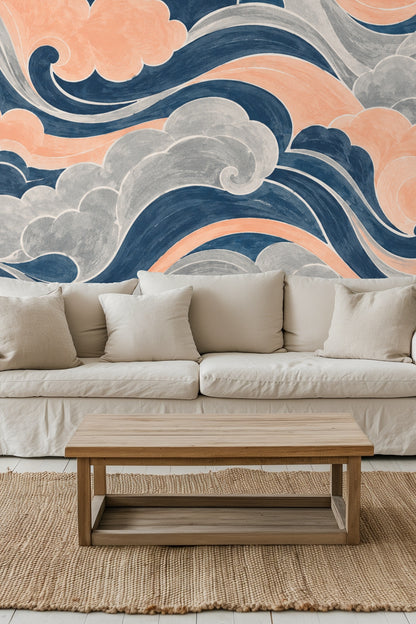 Partial wallpaper view showing flowing wave and cloud shapes in blue and peach